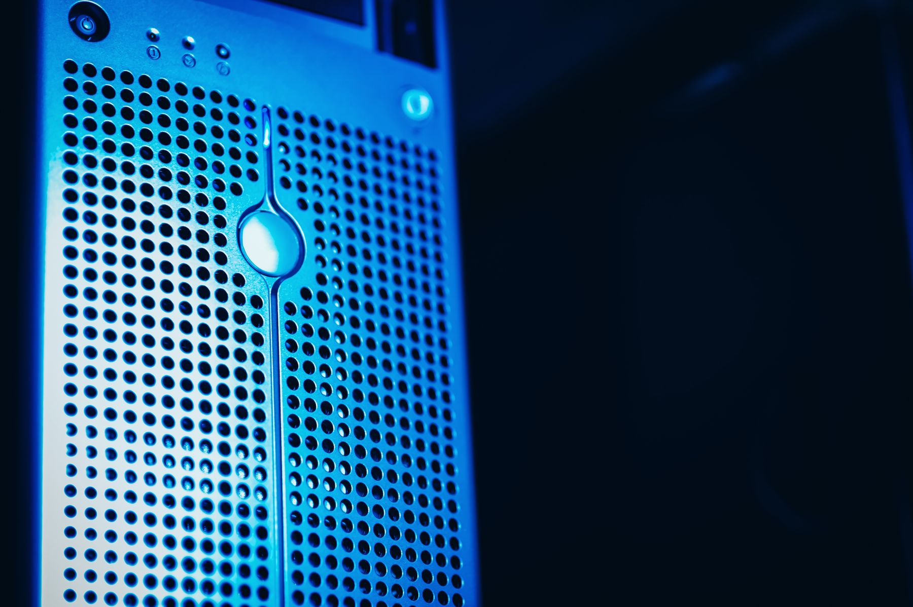 Close-up of secure server infrastructure illuminated in IntelliSpear blue